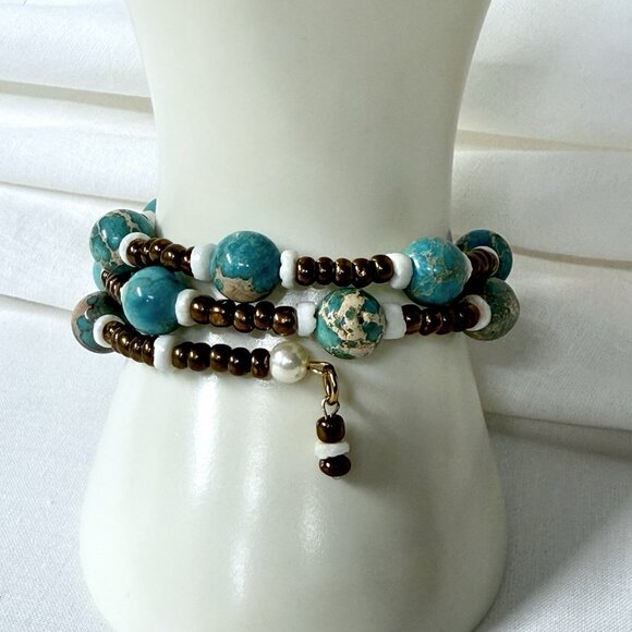 REIMAGINED Variscite, Shell & Glass Bead Memory Wire Bracelet – Boho Wrap Bangle - Picture 1 of 6